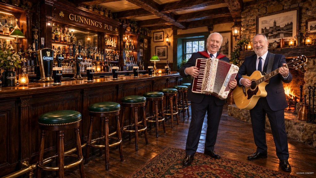 Musicians performing beside a fireplace inside a timber pub interior.